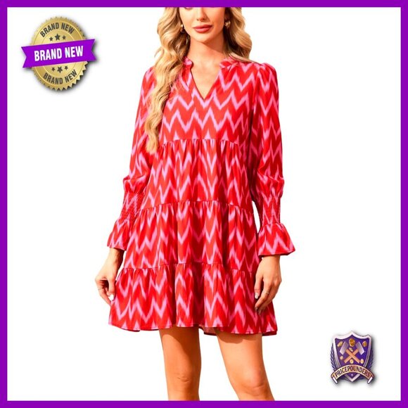 Dresses & Skirts - Printed Mini Dress Long Sleeve V Neck Tiered Flowy Swing Summer Vacation Beach